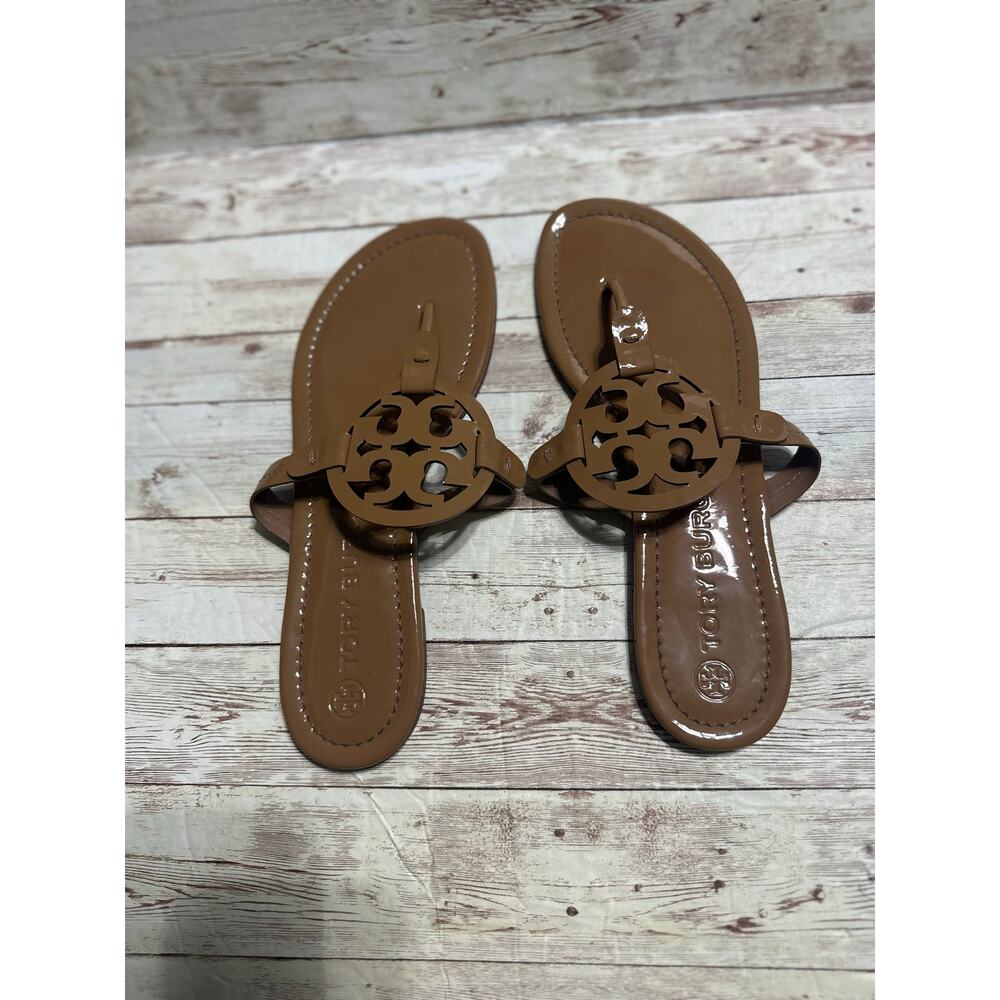 Tory Burch Miller Sandals Tan Patent Leather Women's Size 9.5 M Flats Neutral - Picture 3 of 8
